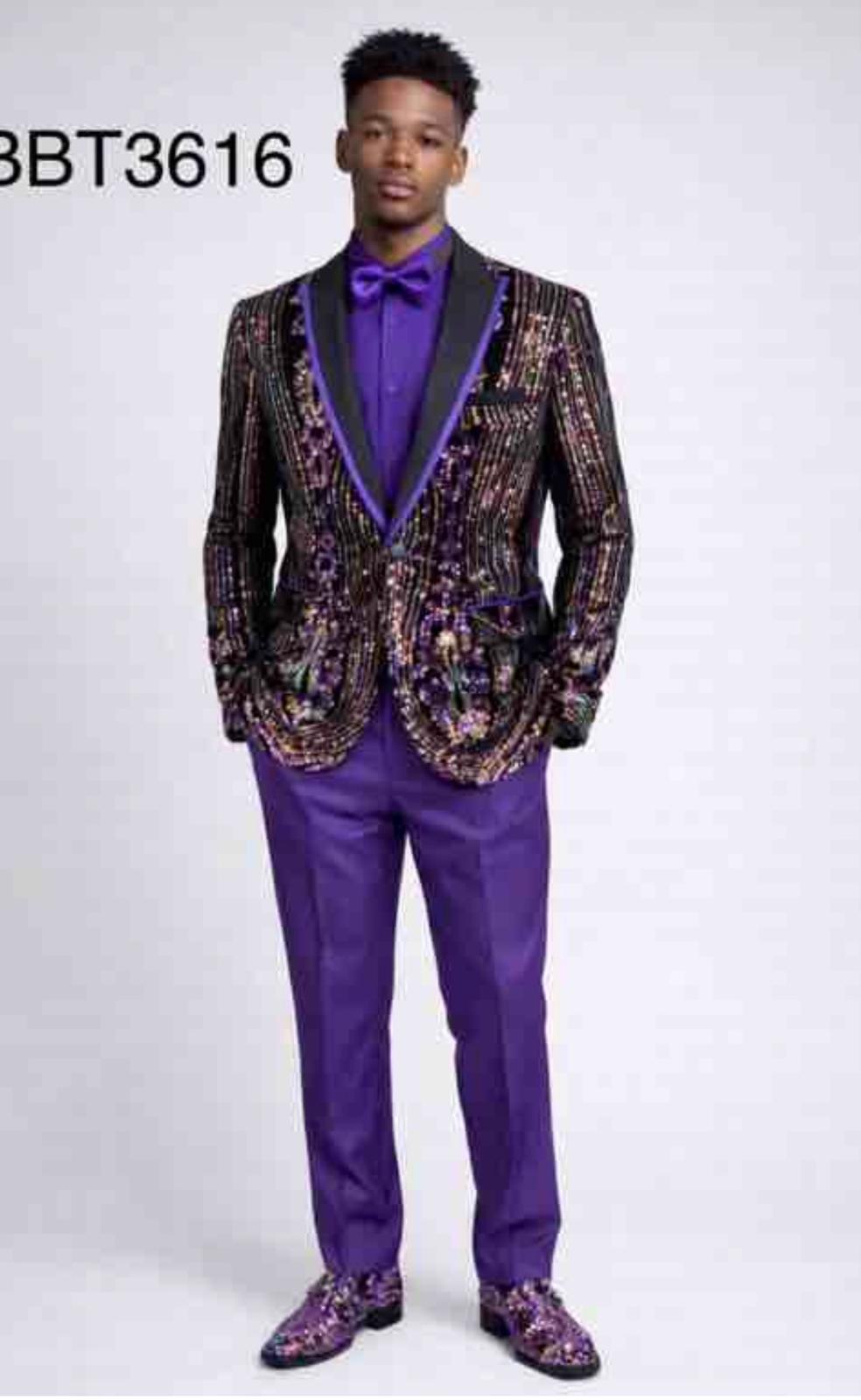Mens Mardi Gra Black and Purple and Gold Sequin Tuxedo Jacket Set – Designer with Floral Pattern Jacket Formal Wedding Party Wear Bowtie - 36 Short