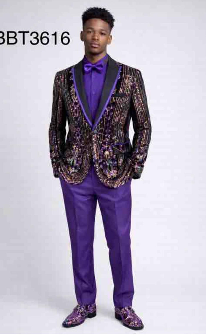 Mens Mardi Gra Black and Purple and Gold Sequin Tuxedo Jacket Set – Designer with Floral Pattern Jacket Formal Wedding Party Wear Bowtie