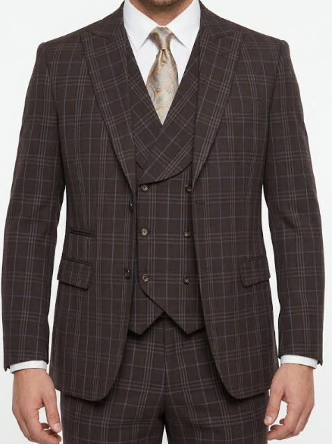 Men’s Vitali 3PC Suit – Choclate Brown and blue Plaid Check 3-Piece Suit with Double-Breasted Vest Modern Fit Side Vented