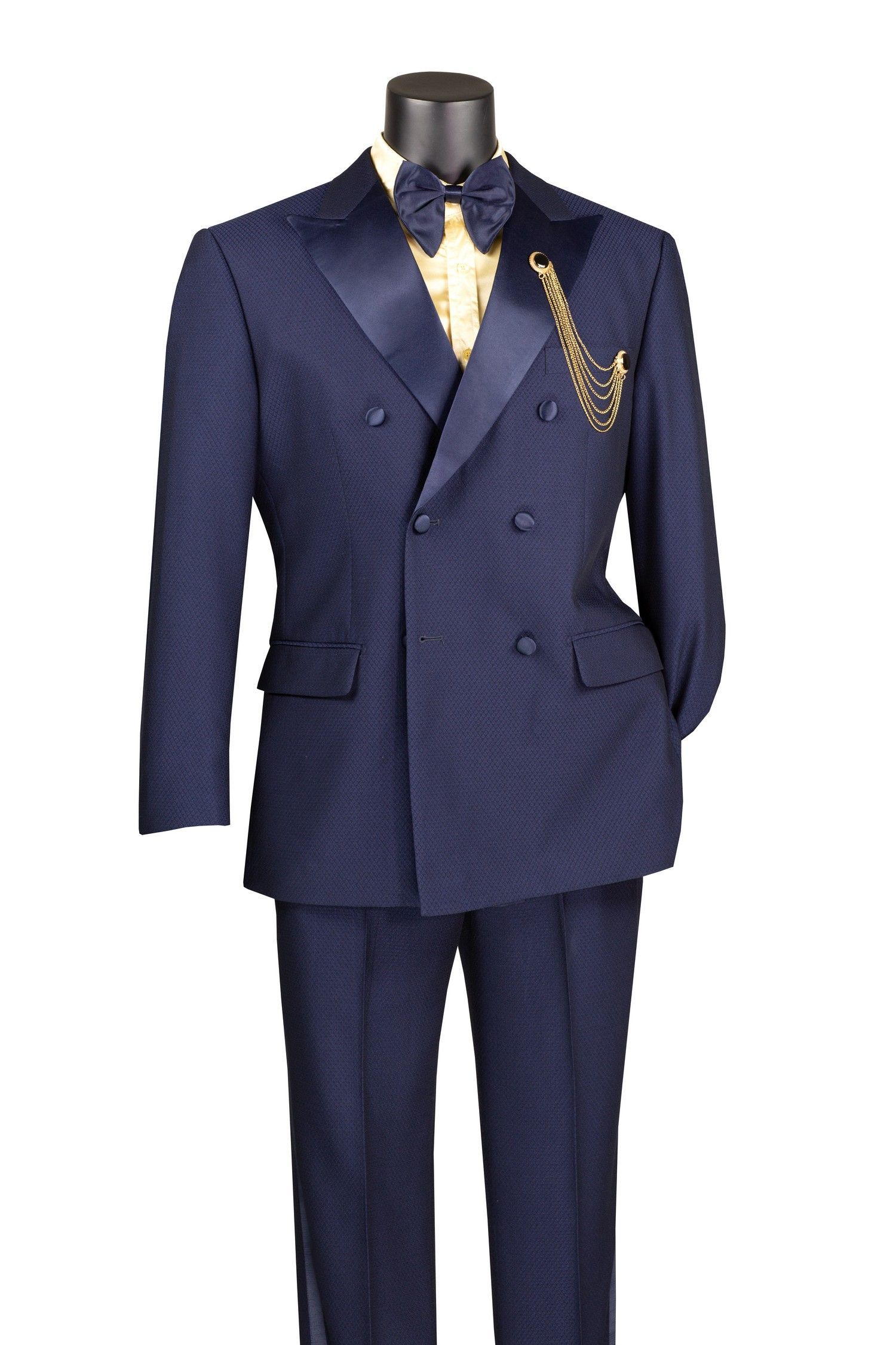 Men’s Navy Blue Double-Breasted Tuxedo with navy Satin Peak Lapel Wedding Suit - 34 Short or Extra Small