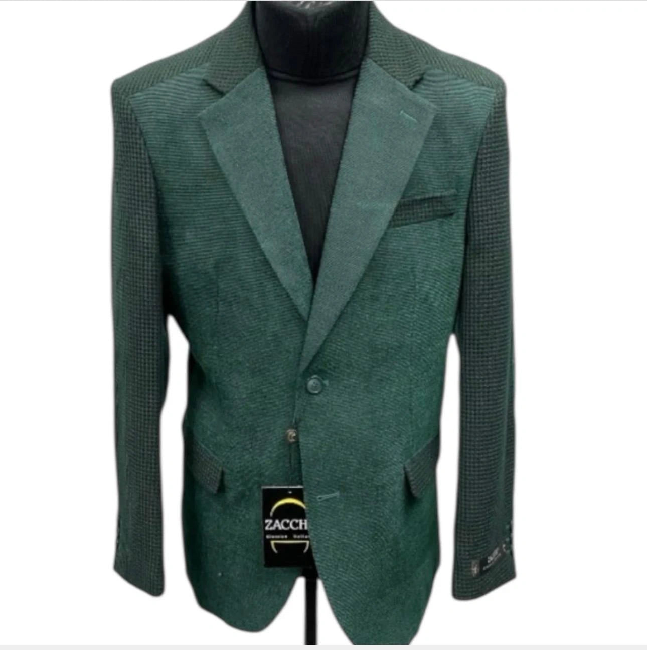 Zacchi Brand Men’s Dark Green Textured Blazer – Classic Single Button Sport Coat with Notch Lapel Formal Jacket - 36 Short