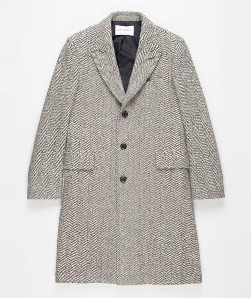 Mens Grey Herringbone Long Overcoat Tweed Black and White Pattern Wool Topcoat Three Qaurter