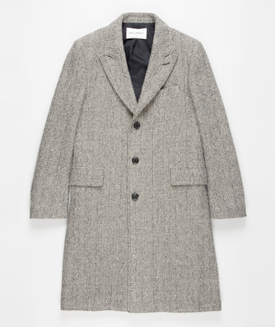 Mens Grey Herringbone Long Overcoat Tweed Black and White Pattern Wool Topcoat Three Qaurter