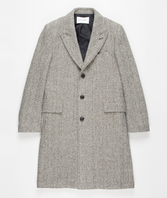 Mens Grey Herringbone Long Overcoat Tweed Black and White Pattern Wool Topcoat Three Qaurter