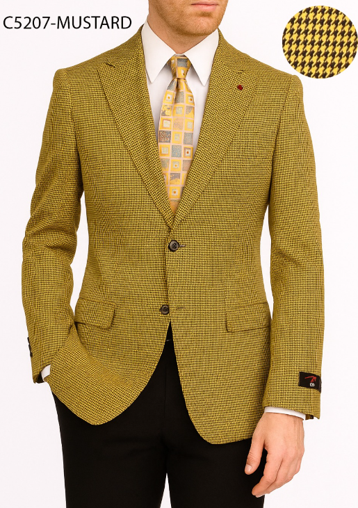 Men’s Mustard Gold Yellow Houndstooth Blazer Jacket, Check Pattern Formal Sport Coat for Weddings, Prom, Business 2 Buttons Modern Fit - 36 Short