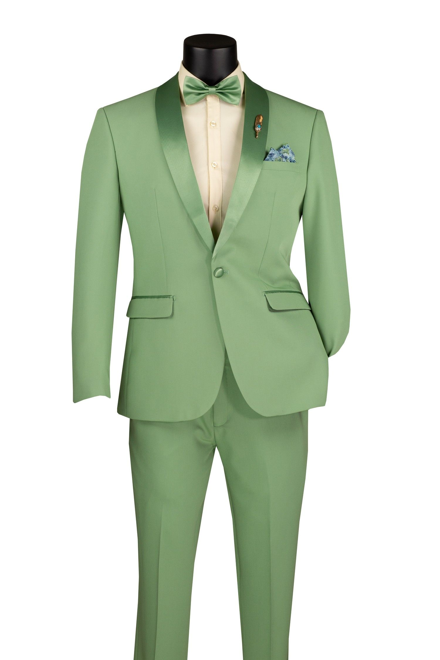 Men’s Mint Green Tuxedo – 2-Piece Formal Suit with Satin Shawl Lapel and Matching Bow Tie in  Sage Green - 34 Short or Extra Small