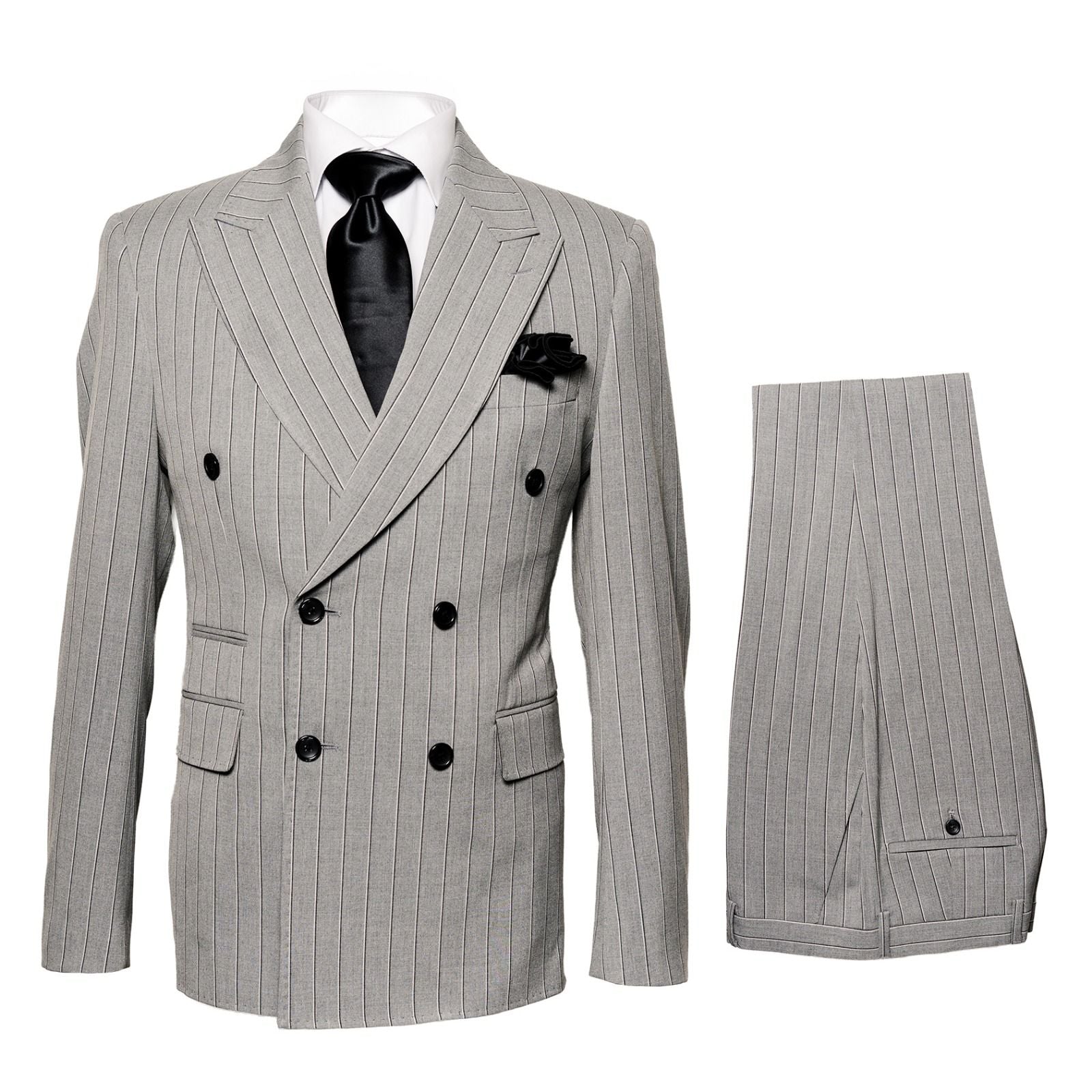 Menâ€™s Grey and Black Pinstripe Double-Breasted Suit â€“ 1920s Gangster Vintage Looking suit By Rossiman - 34 Short or Extra Small