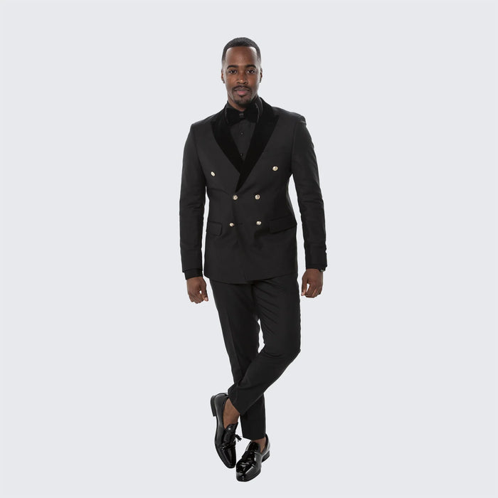 Mens Black Double Breasted Tuxedo Suit Luxury Formal Dinner Jacket Gold Buttons Velvet Lapel