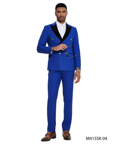 Mens Royal Blue Double-Breasted Tuxedo Suit Modern Slim Fit Formal Wedding and Prom Outfit with Black Satin Lapel