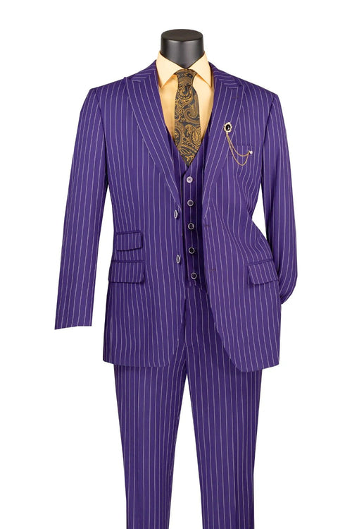 Mens Purple Pinstripe Mardi Gras Suit | Three Piece Carnival Formal Suit with Vest
