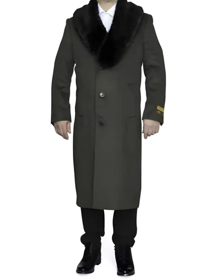 Mens Full Length Olive Overcoat with Black Fur Collar Luxury Wool Fabric Winter Long Coat in Hunter Green