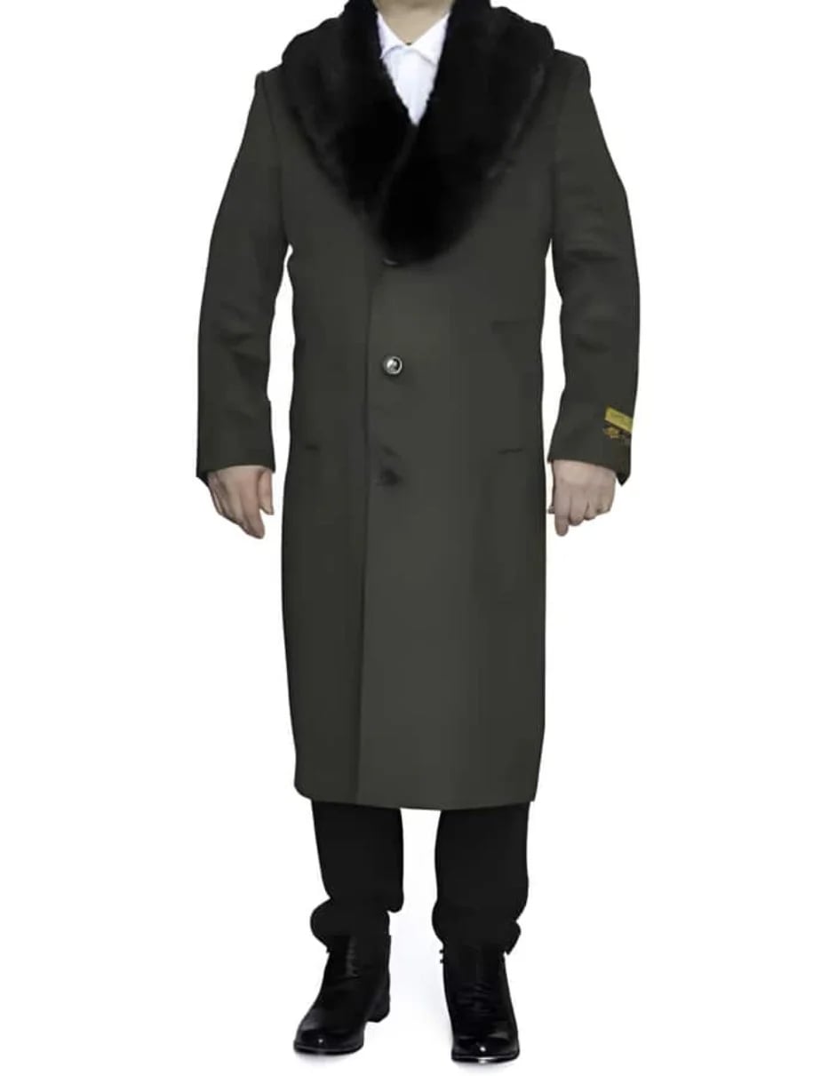 Mens Full Length Olive Overcoat with Black Fur Collar – Luxury Wool Fabric Winter Long Coat in Hunter Green - Coat Size 38