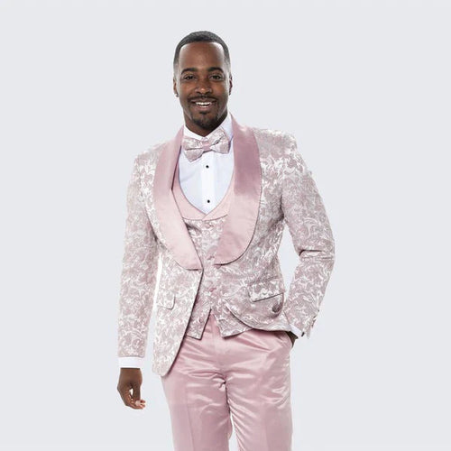 Mens Light Pink Dusty Rose -  Floral Tuxedo Suit Luxury Satin Shawl Lapel 3-Piece Formal Wedding and Prom Suit in Blush Mauve color