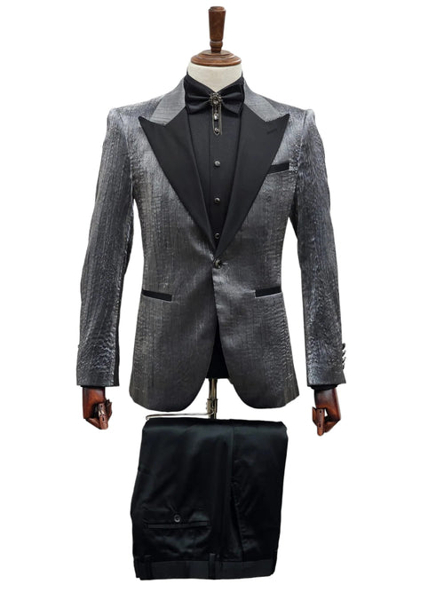 Silver Metallic Tuxedo Suit with Black Satin Peak Lapel Mens Slim Fit Formal Wedding and Prom Attire in Charcoal Grey With Pants