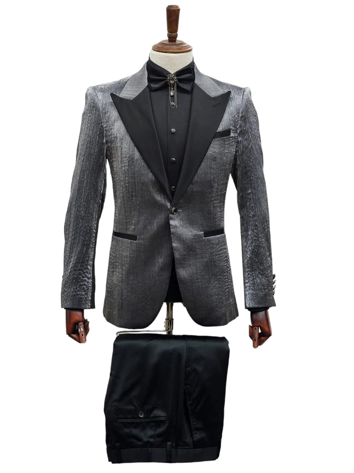 Silver Metallic Tuxedo Suit with Black Satin Peak Lapel Mens Slim Fit Formal Wedding and Prom Attire in Charcoal Grey With Pants