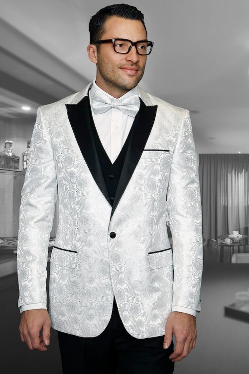 Mens White Paisley Cowboy Tuxedo with Black Satin Lapel – Western Formal Wedding Suit Jacket
