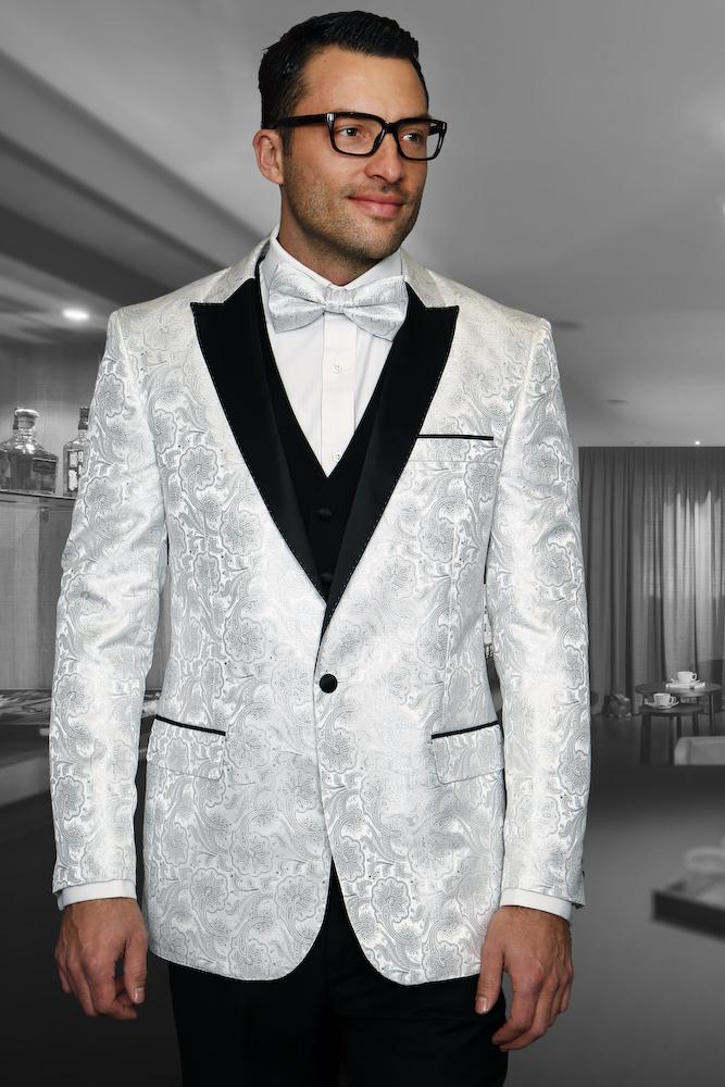 Mens White Paisley Cowboy Tuxedo with Black Satin Lapel – Western Formal Wedding Suit Jacket
