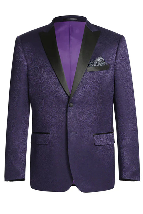 Mens Purple Paisley Tuxedo Jacket Ultra Slim Fit Dinner Blazer with Black Satin Peak Lapel