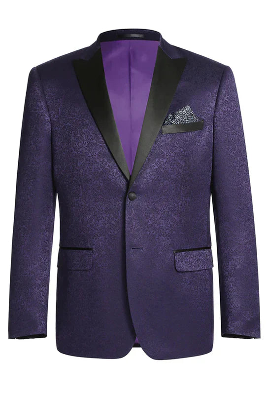 Mens Purple Paisley Tuxedo Jacket Ultra Slim Fit Dinner Blazer with Black Satin Peak Lapel