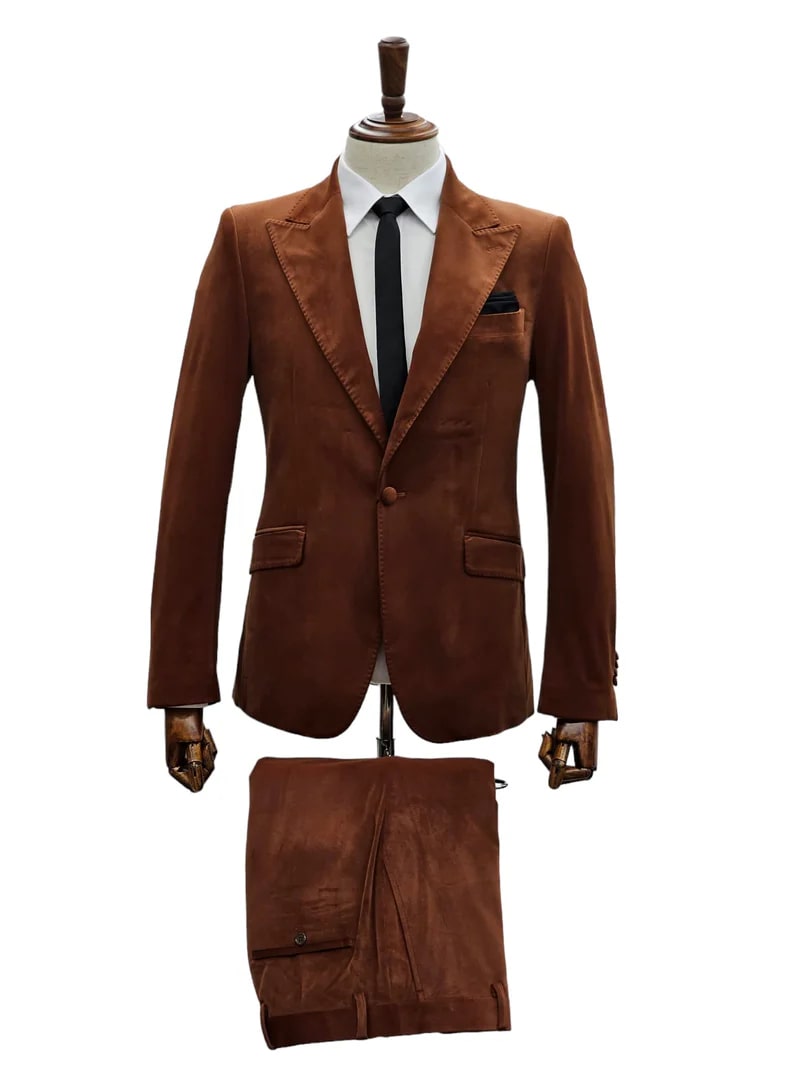 Mens Brown Velvet 2-Piece Suit – Luxury Slim Fit Formal Blazer and Pants Set in Rust Copper Color - 36R