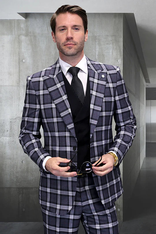Men’s Big and Tall Charcoal Gray and Black Plaid Blazer – Grey Checker Windowpane Sport Coat - 36 Short