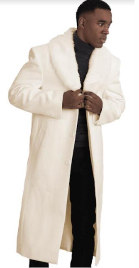 Mens Ivory - Cream - Off White Full-Length Overcoat with Luxurious Faux Fur Shawl Collar â€“ Winter Dress Coat