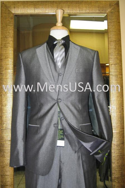 Mens Charcoal Gray Suit With Sheen -  | Shiny Texture Fabric Three Piece Wedding and Party Business - 34 Short or Extra Small