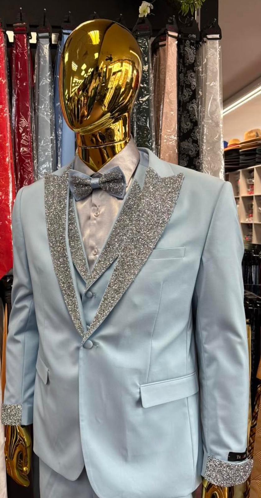 Men’s Light Blue Suit with Silver Glitter Lapel – Light Blue Formal Tuxedo Suit for Prom, Wedding and Special Occasion Wear in Sky Baby Blue - 34 Short or Extra Small