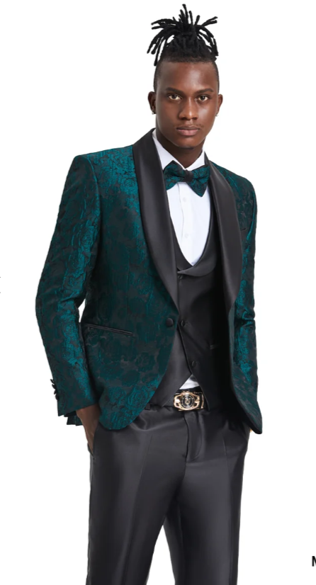 Tazzio Men’s Hunter Green & Black Paisley Tuxedo – Skinny Fit Shawl Collar 3-Piece Prom and Wedding Suit - 34 Short or Extra Small