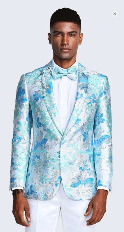 Mens Light Blue Floral Jacquard Tuxedo Jacket with Matching Bow Tie | Formal Prom Wedding Blazer + Bowtie Turqoise Aqua Color