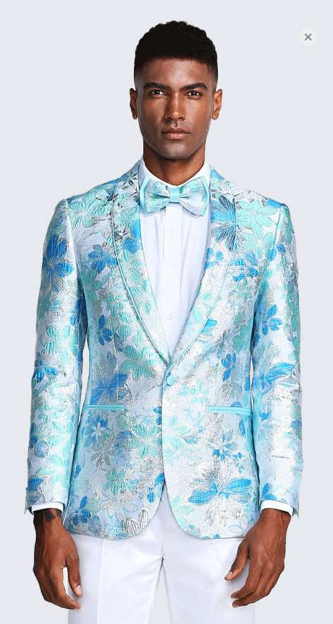 Mens Light Blue Floral Jacquard Tuxedo Jacket with Matching Bow Tie | Formal Prom Wedding Blazer + Bowtie Turqoise Aqua Color