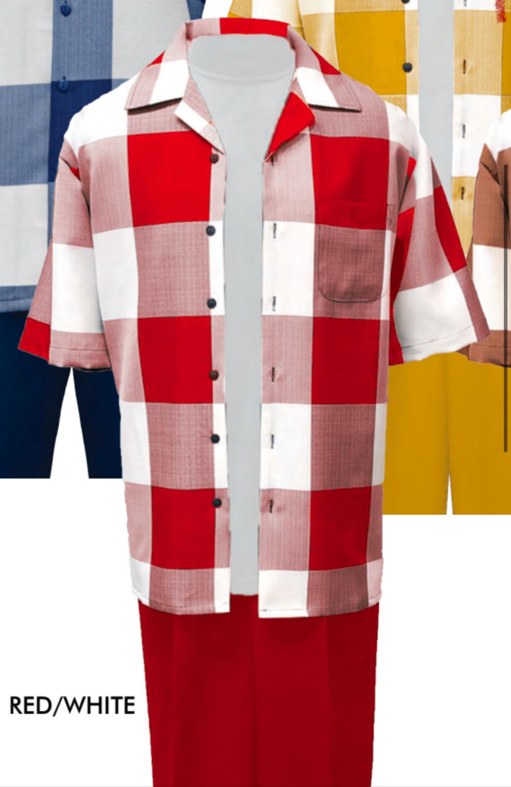Mens Red and White Checkered Short Sleeve Shirt Set – Casual Two-Piece Summer Outfit - S