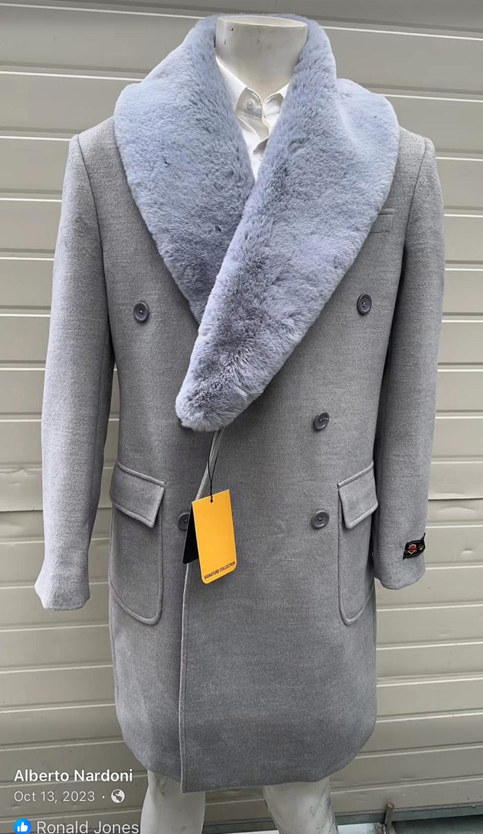 Mens Light Grey Double Breasted Overcoat with Faux Fur Shawl Collar â€“ Winter Luxury Coat Wool Fabric