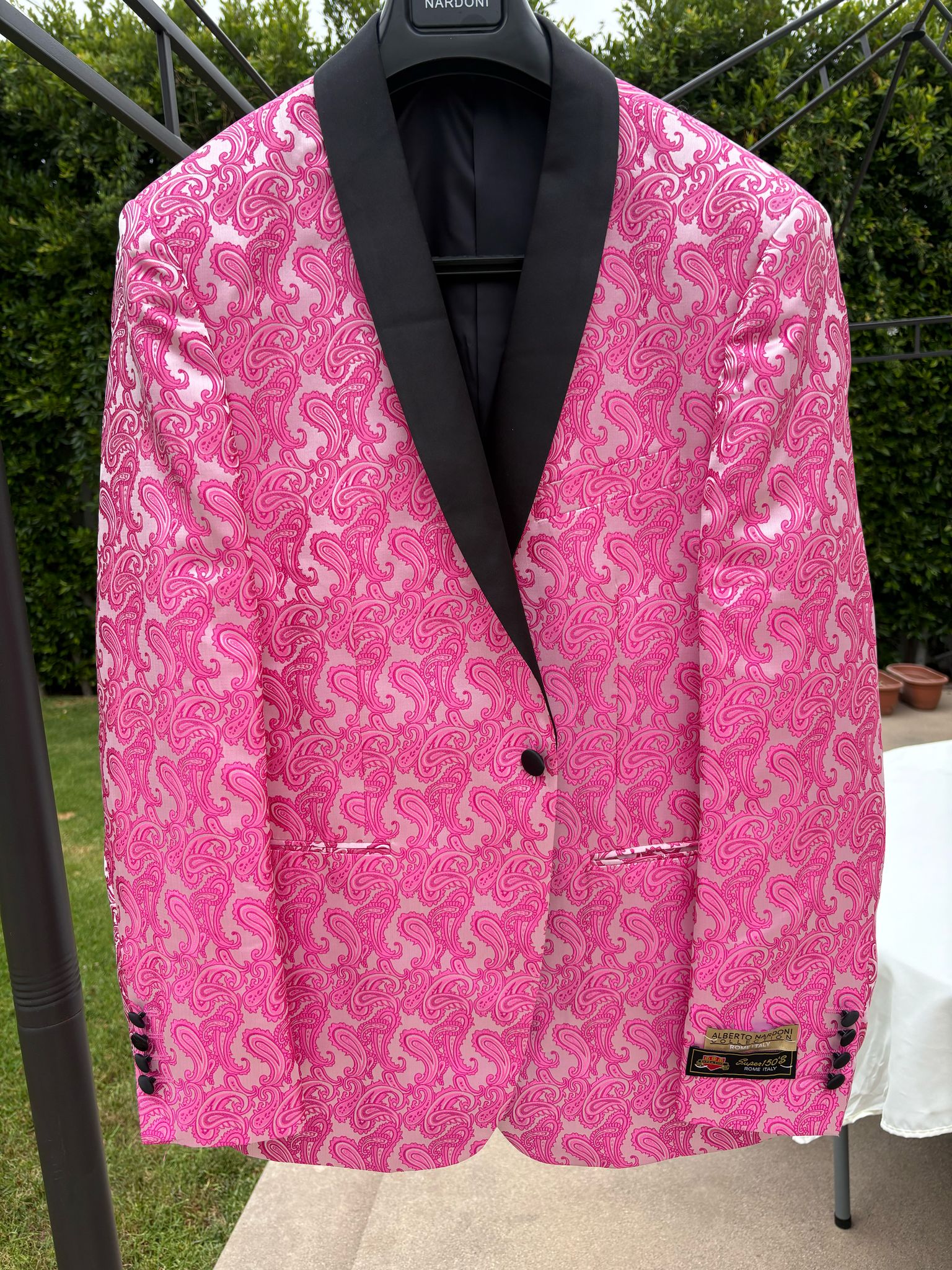 Mens Hot Pink Paisley Tuxedo Blazer with Black Shawl Lapel Fuchsia Color Dinner Jacket Perfect for Prom - Hot Pink