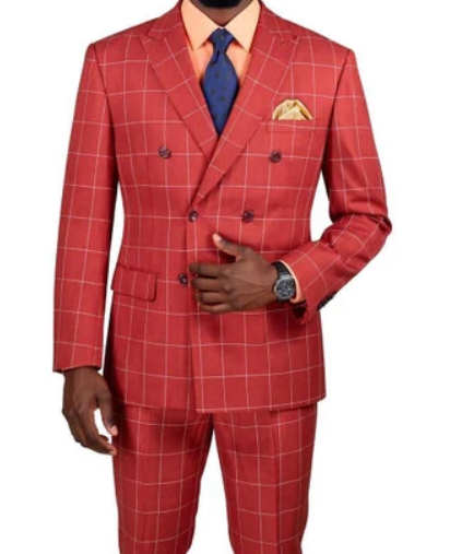 Men's Red Windowpane Plaid Double Breasted Suit – Modern Fit 2 Piece