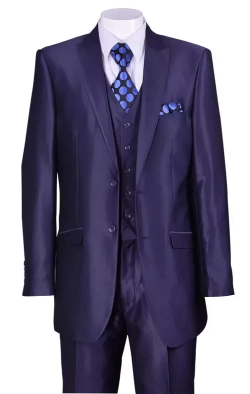 Men's Shiny Navy Blue Sateen 3-Piece Suit – Elegant Wedding, Prom Dress Suit with Matching Vest and Pants Slim Fitted