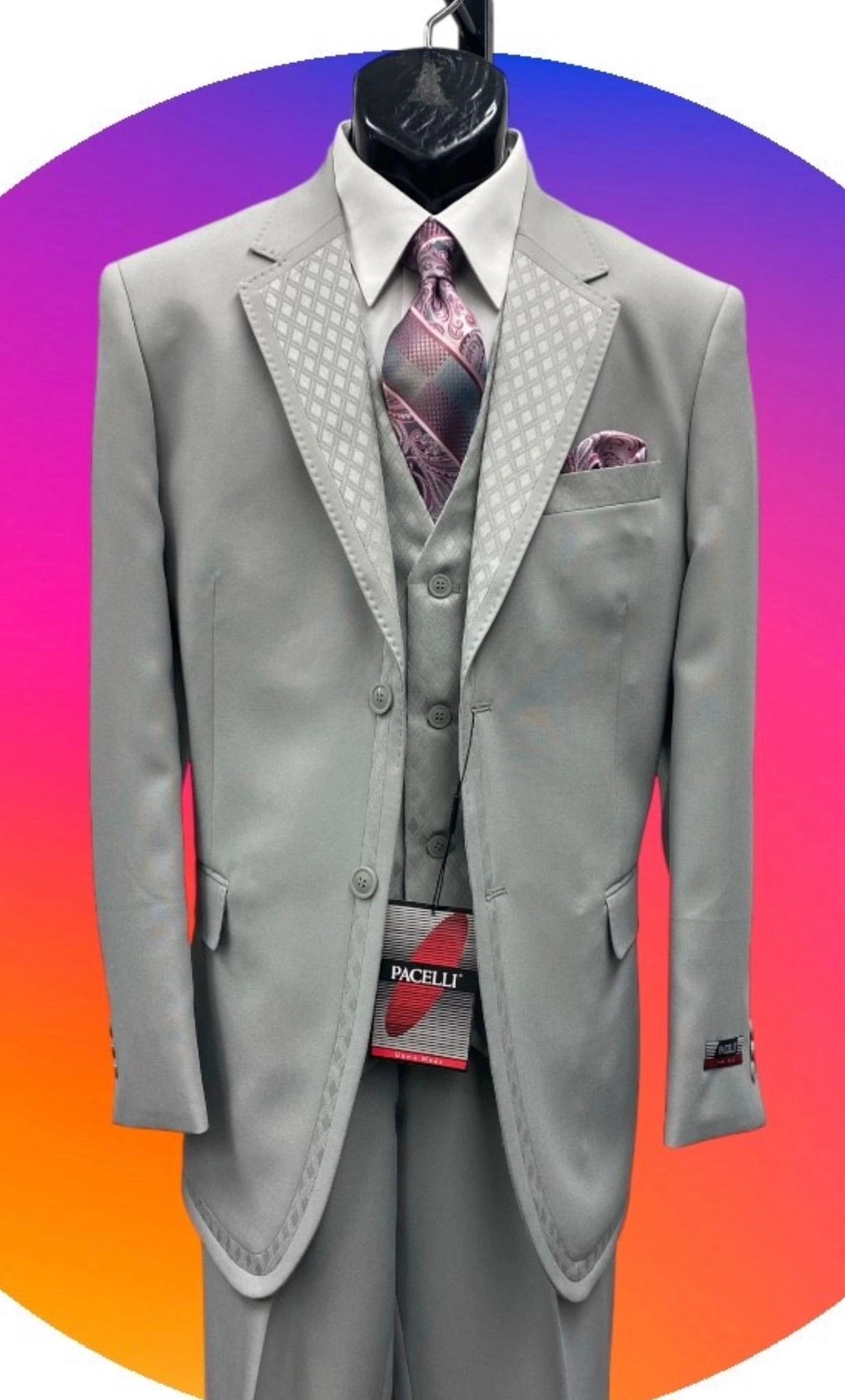 Men’s Light Gray 3 Piece Suit – Ice Silver Gray Formal Suit Set with Vest, Patterned Lapel and Tie for Wedding, Prom and Business Events - 34 Short or Extra Small