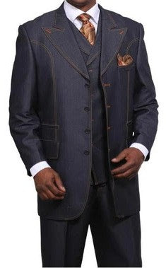 Mens Dark Denim Blue Fabric Suit Classic Three Piece Denim Suit for Wedding, Party and Formal Events