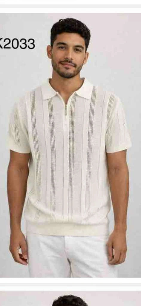 Mens Cream Ivory Off White Knit Walking Suit Set – Lightweight Short Sleeve Shirt and Pants Outfit for Summer, Vacation and Casual Wear - S