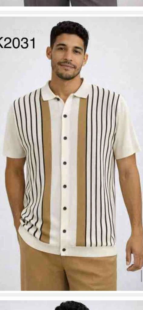 Mens Cream and Tan Striped Walking Suit Set – Casual Summer Short Sleeve Shirt and Pants Outfit for Vacation, Travel and Everyday Wear - S
