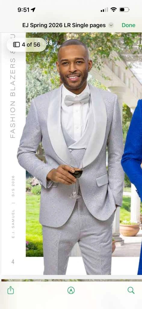 Mens Light Silver Wedding Tuxedo Suit – Paisley Fabric Three Piece Formal Suit Set with Shawl Lapel for Groom, Prom, Gala and ice Grey - 34 Short or Extra Small