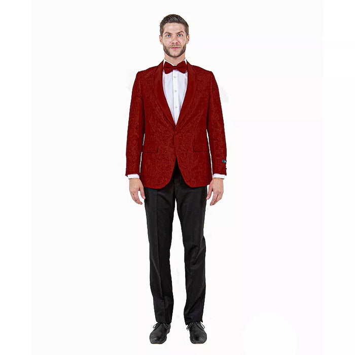 Big and Tall Mens Burgundy Paisley Tuxedo Jacket Satin Shawl Lapel Blazer with Bow Tie for Weddings, Proms, and Special Events
