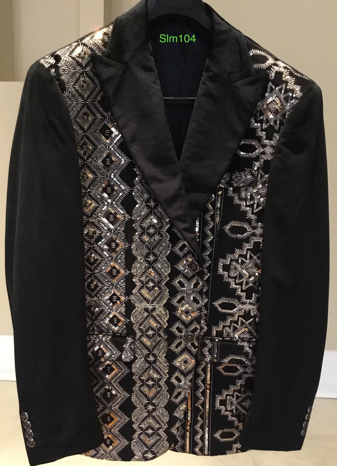 Mens Black and White and Silver Sequin Embroidered Blazer Luxury Designer Party Wear with Geometric Detailing