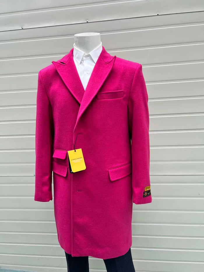 Mens Hot Pink Wool Blend Overcoat Topcoat Carcoat Winter Fabric