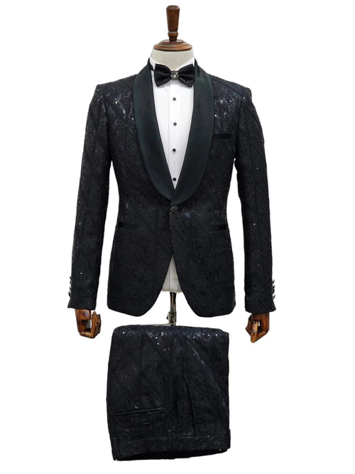 Black Sequin Tuxedo Suit with Satin Shawl Lapel Mens Slim Fit Formal Prom and Wedding Attire