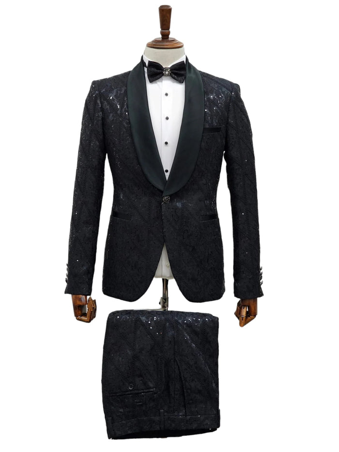 Black Sequin Tuxedo Suit with Satin Shawl Lapel Mens Slim Fit Formal Prom and Wedding Attire