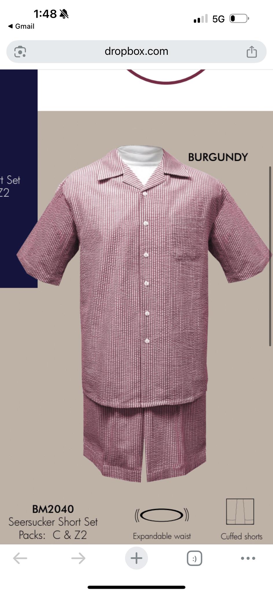 Men’s Burgundy Redish Seersucker Short Set Walking Suit – Two-Piece Cuffed Shorts with Expandable Waist - S