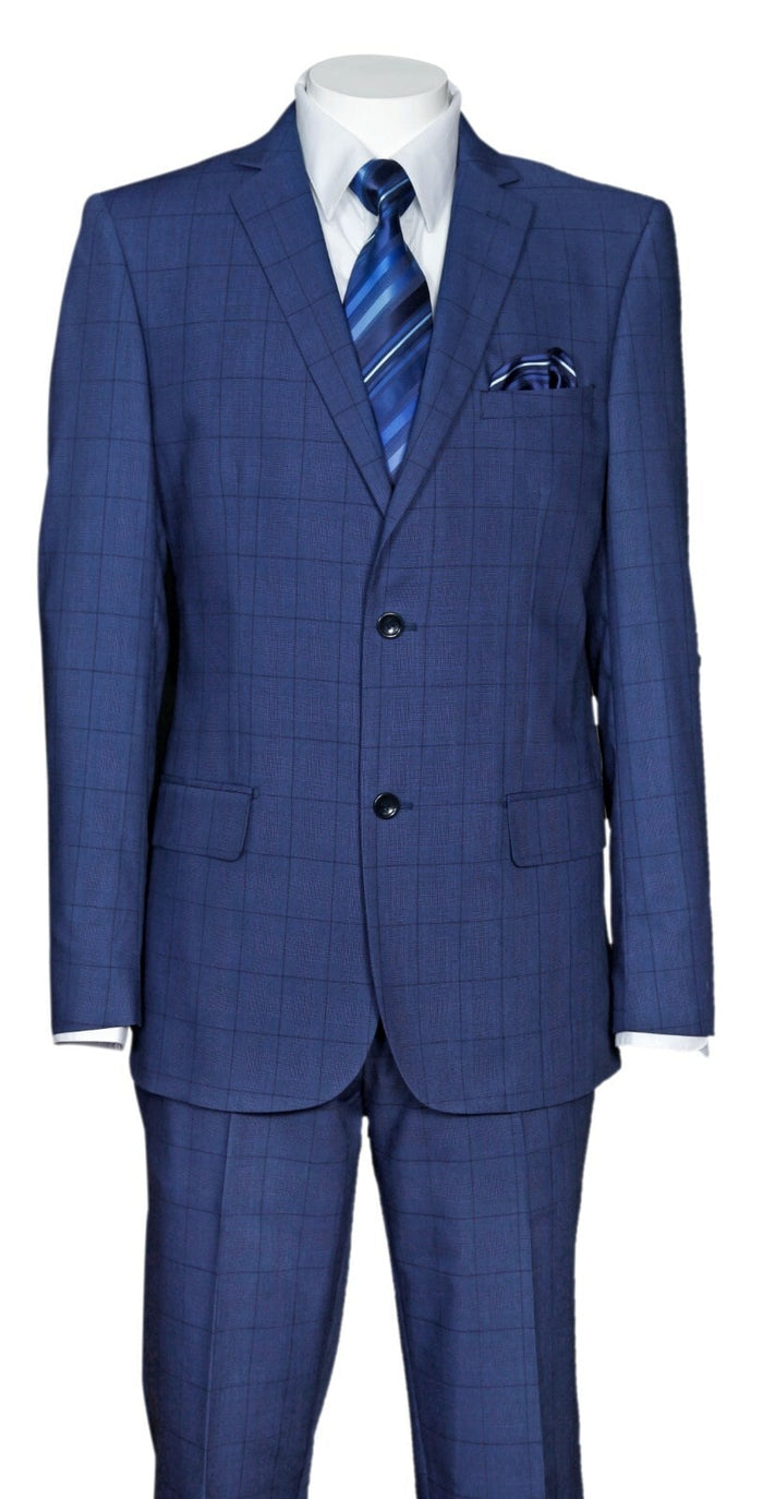 Mens Indigo Navy Blue Windowpane Check Suit Classic 2-Piece Formal Business and Wedding Wear Set in Cobalt Blue