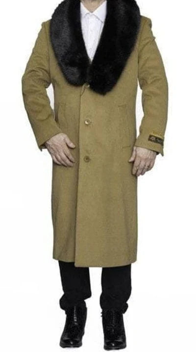 Mens Camel Tan Long Overcoat with Black Faux Fur Collar - Wool Topcoat Three if not Full length - Three Quarter