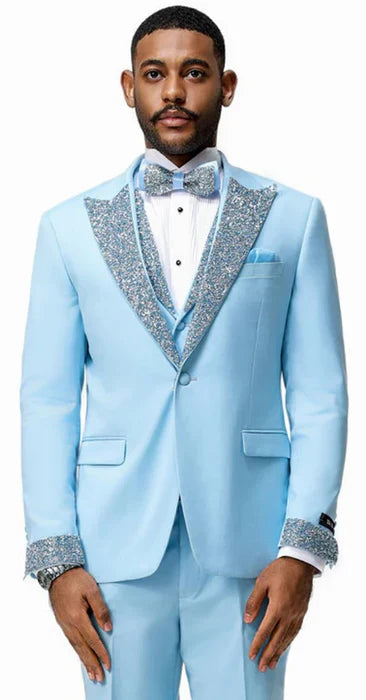 prom dress suit Men's Light Blue 3 Piece Prom 2026 Tuxedo – Sky Formal Suit With Sequin Lapel Wedding Party Set Baby 34 Short or Extra Small